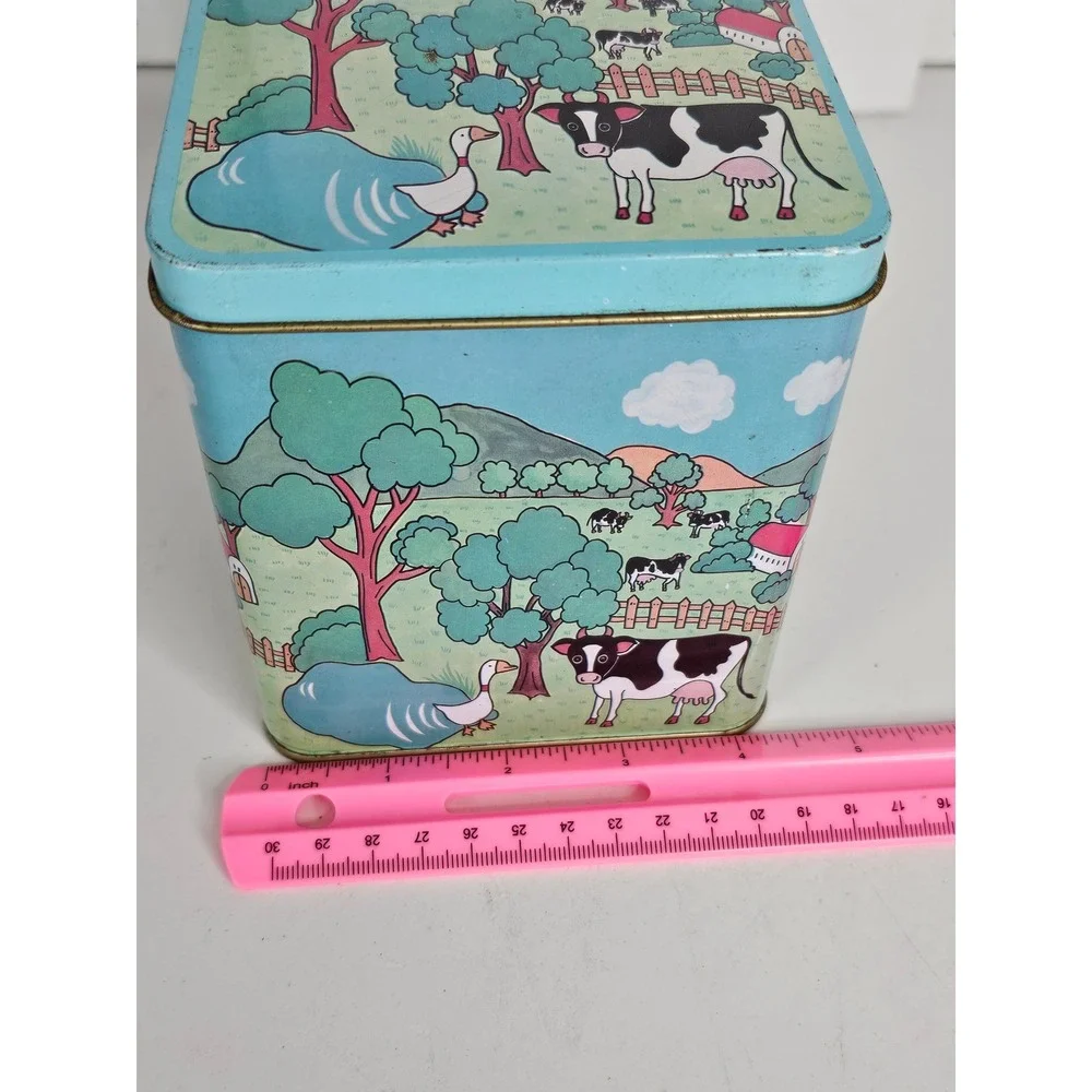 Vintage Farm Scene Metal Tin Cow Goose Pastoral Landscape Square Storage Can